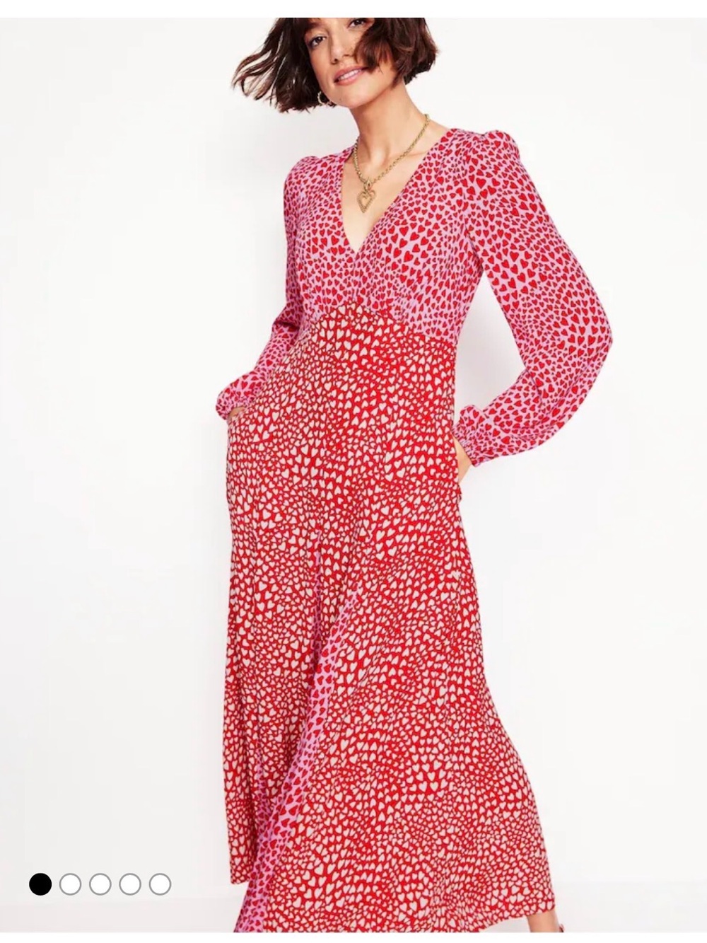 Boden Red Heart-Print V-Neck midi Dress - sz 2R (6uk)